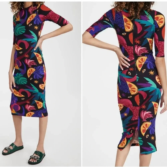 Farm Rio Mystic Jungle Dress 3/4 Length Sleeve Bodycon Size XS  Zipper Back - Picture 1 of 13